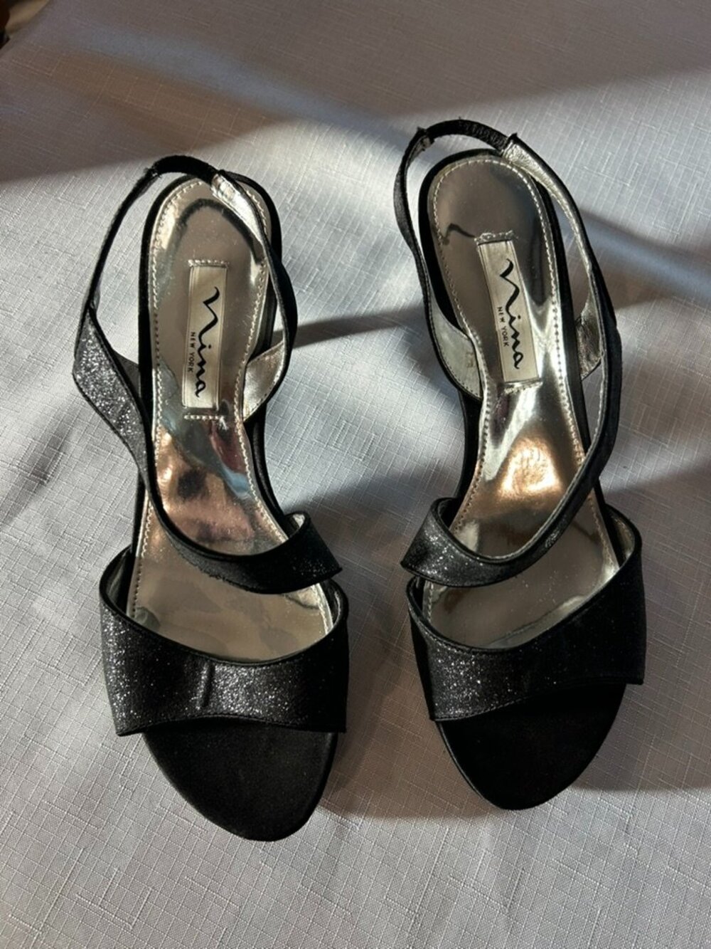 Nina New York Black Satin & Glitter Strappy Evening Heels - Women's Size 7